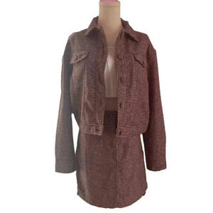 Cupcakes and Cashmere Wool Blend Plaid Houndstooth Burgundy Cream Jacket Medium